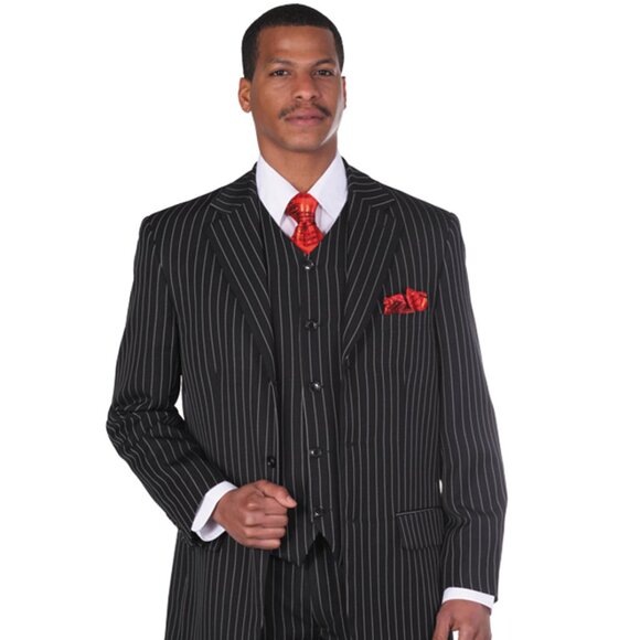 "Men's three button notch lapel pinstripe suit in black." - Picture 1 of 2